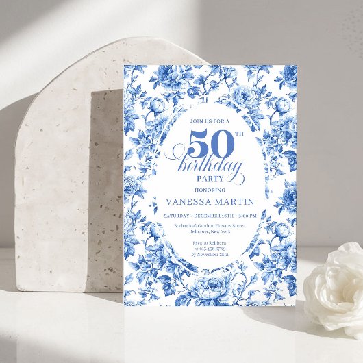 Invitation Chic Royal Blue Toile de Jouy 50th Birthday Invite