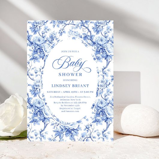 Invitation Chic Royal Blue Toile de Jouy Baby Shower Invite