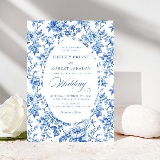 Invitation Chic Royal Blue Toile de Jouy Romantic Wedding 