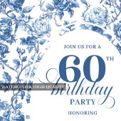 Invitation Chic Royal Blue Toile Roses 60th Birthday Invite