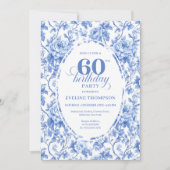 Invitation Chic Royal Blue Toile Roses 60th Birthday Invite (Devant)