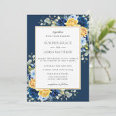 Invitation Chic Royal Dusty Navy Blue Jaune Floral Mariage (Debout devant)