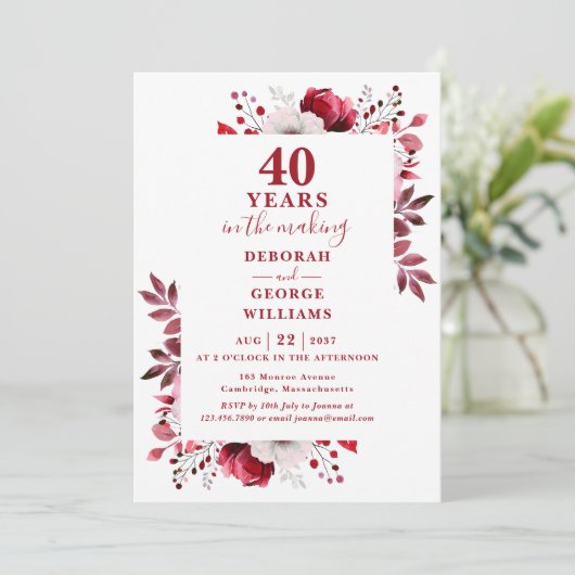 Invitation Chic Ruby 40e anniversaire de Mariage Floral (Debout devant)
