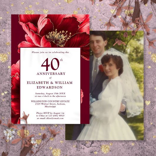 Invitation Chic Ruby Red Floral 40e anniversaire Photo