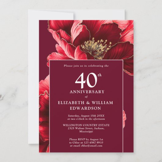 Invitation Chic Ruby Rouge Élégant Floral 40e Anniversaire (Devant)
