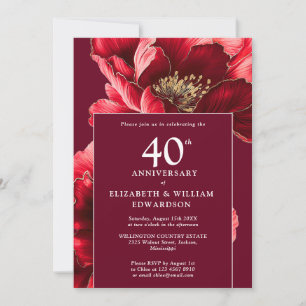 Invitation Chic Ruby Rouge Élégant Floral 40e Anniversaire