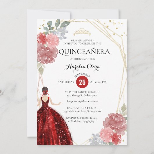 Invitation Chic Ruby Rouge Floral Géométrique Quinceañera (Devant)