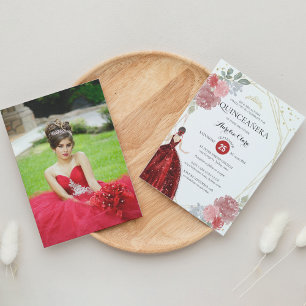 Invitation Chic Ruby Rouge Floral Photo géométrique Quinceañe