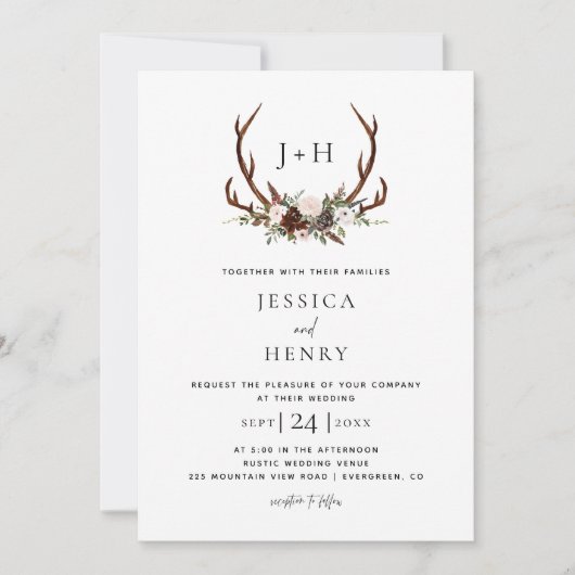 Invitation Chic Rustic Antlers Boho Mariage (Devant)
