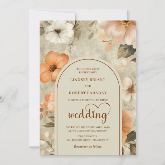 Invitation Chic Rustic Boho Copper Beige Olive Floral Wedding (Devant)
