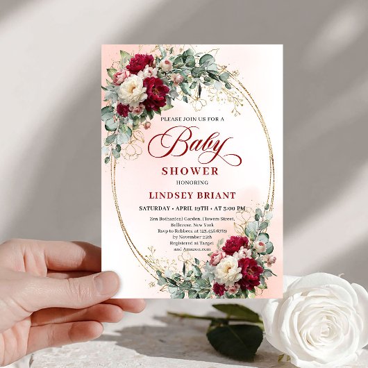Invitation Chic Rustic Burgundy Peony Gold Baby Shower Invite