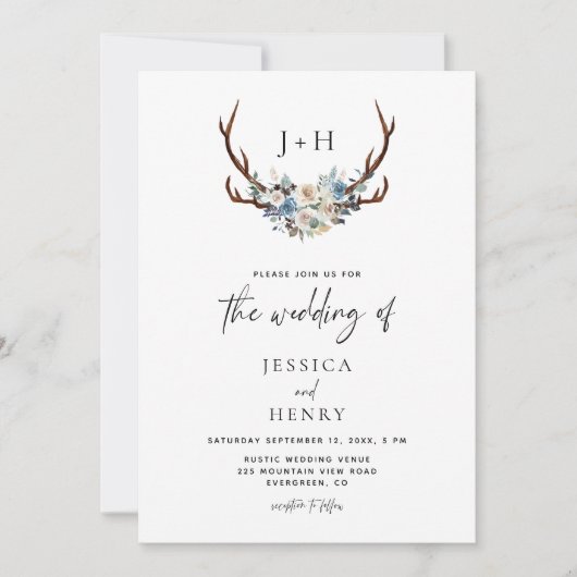 Invitation Chic Rustic Floral Antlers QR Code Mariage (Devant)