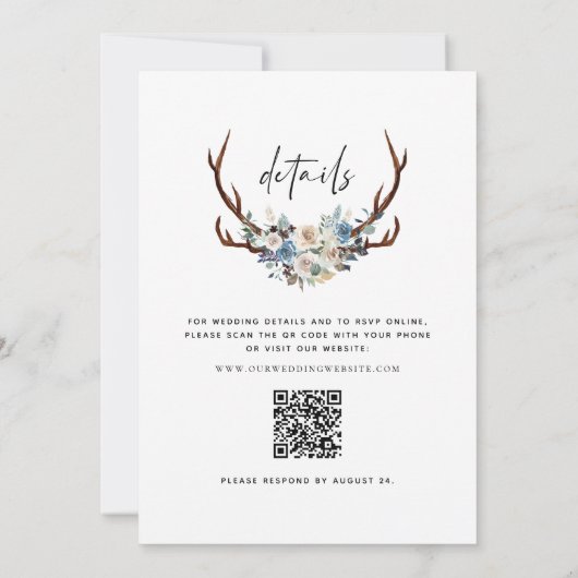 Invitation Chic Rustic Floral Antlers QR Code Mariage (Dos)