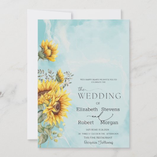 Invitation Chic Rustic Sunflowers Mariage bleu (Devant)