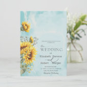 Invitation Chic Rustic Sunflowers Mariage bleu (Debout devant)