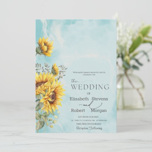 Invitation Chic Rustic Sunflowers Mariage bleu (Debout devant)