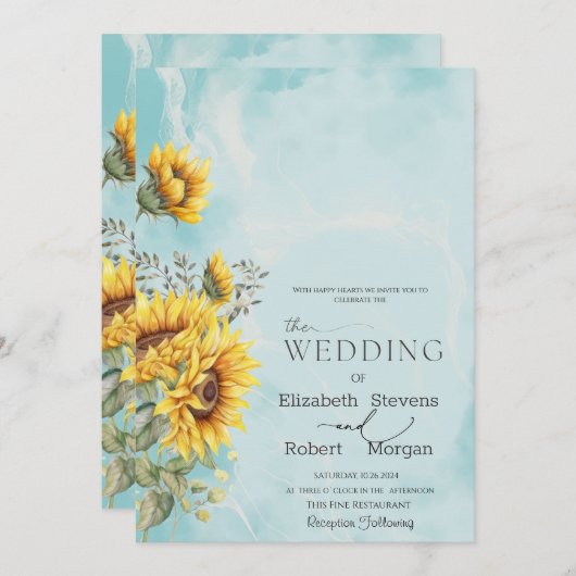 Invitation Chic Rustic Sunflowers Mariage bleu (Devant / Derrière)