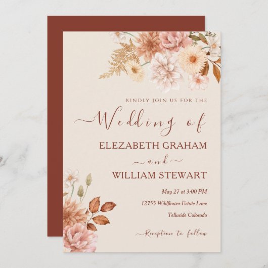 Invitation Chic Rustic Terracotta Boho Fall Foliage Mariage (Devant / Derrière)