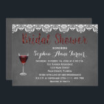 Invitation Chic Rustic Vin Dégustation Fête des mariées Invit<br><div class="desc">Dégustation de vin rustique unique pour un événement de Fête des mariées rustique, avec un verre de vin rouge, dentelle vintage, de belles fontes sur un arrière - plan de tableau noir. Le texte, la police et la couleur des polices peuvent tous être customisés. Utilisez l'outil Customiser pour ajouter vos...</div>