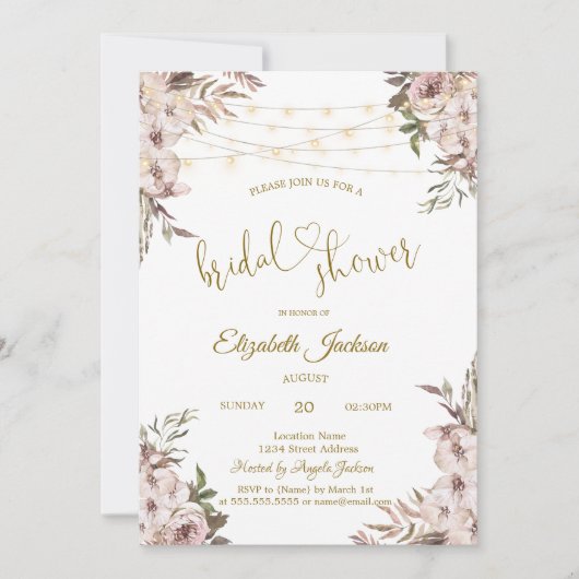 Invitation Chic Rustical Flowers String Lights Bridal Shower (Devant)