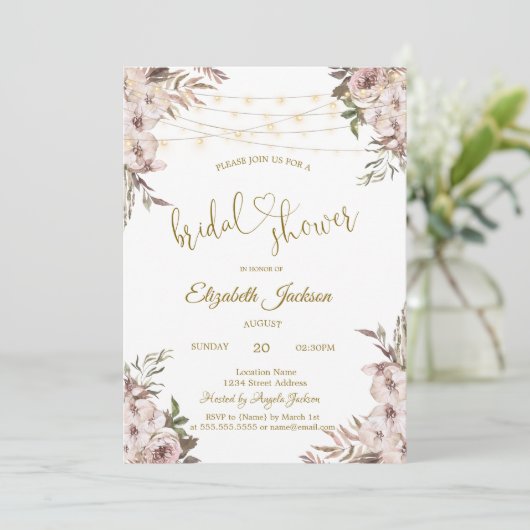 Invitation Chic Rustical Flowers String Lights Bridal Shower (Debout devant)