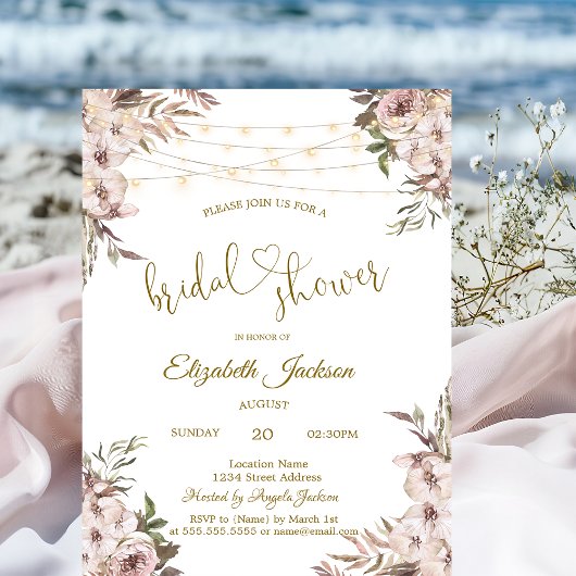 Invitation Chic Rustical Flowers String Lights Bridal Shower