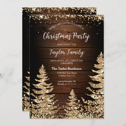 Invitation Chic RusticWood Parties scintillant Christmas Tree (Devant / Derrière)