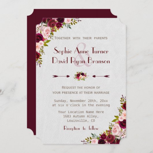 Invitation Chic Rustique Bourgogne Marsala Floral Mariage (Devant / Derrière)