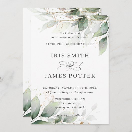 Invitation Chic rustique verdure Mariage d'or de feuillage fe (Devant / Derrière)
