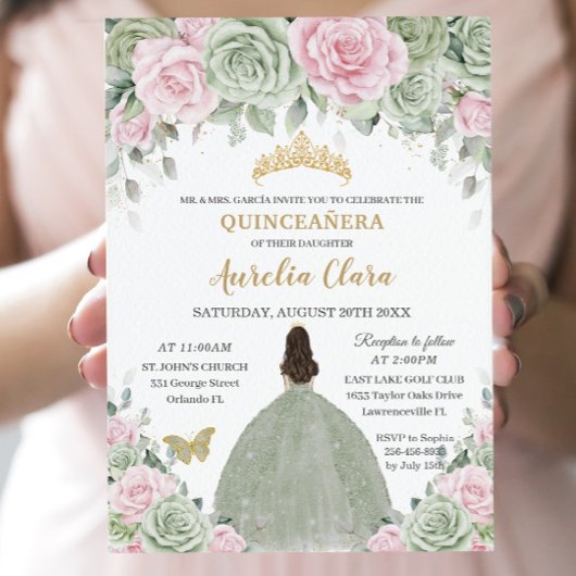 Invitation Chic Sage Green Baby rose Floral or Quinceañera