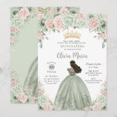 Invitation Chic Sage Green Blush Floral Princess Quinceañera (Devant / Derrière)
