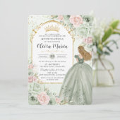 Invitation Chic Sage Green Blush Floral Princess Quinceañera (Debout devant)