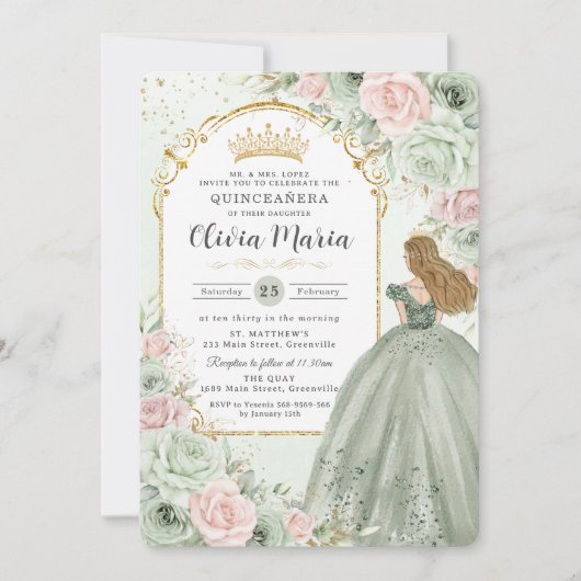 Invitation Chic Sage Green Blush Floral Princess Quinceañera (Devant)
