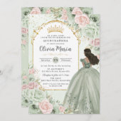 Invitation Chic Sage Green Blush Floral Princess Quinceañera (Devant / Derrière)
