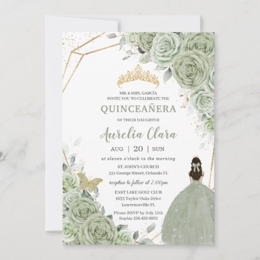 Invitation Chic Sage Green Floral Princesse Gold Quinceañera (Devant)