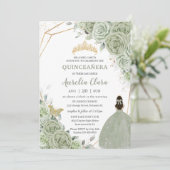 Invitation Chic Sage Green Floral Princesse Gold Quinceañera (Debout devant)