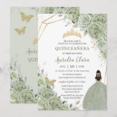 Invitation Chic Sage Green Floral Princesse Gold Quinceañera (Devant / Derrière)
