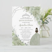 Invitation Chic Sage Green Floral Princesse Silver Quinceañer (Debout devant)