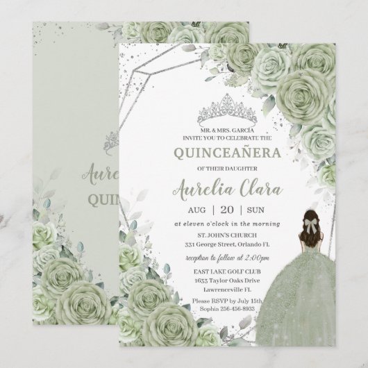 Invitation Chic Sage Green Floral Princesse Silver Quinceañer (Devant / Derrière)