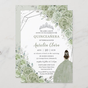Invitation Chic Sage Green Floral Princesse Silver Quinceañer