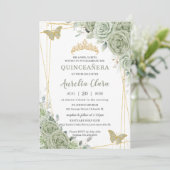 Invitation Chic Sage Green Papillons Floraux Quinceañera (Debout devant)