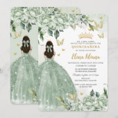 Invitation Chic Sage Green Papillons Floraux Quinceañera (Devant / Derrière)