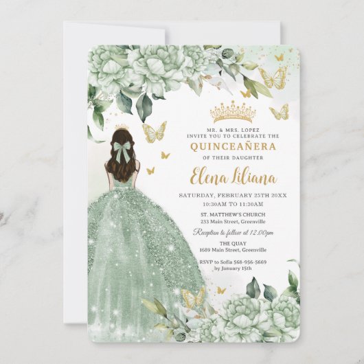 Invitation Chic Sage Green Papillons Floraux Quinceañera (Devant)