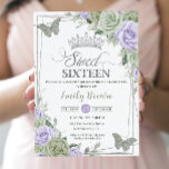 Invitation Chic Sage Green Purple Floral Papillons doux 16<br><div class="desc">Cette invitation chic Sweet 16 Anniversaire présente un cadre géométrique en parties scintillant argentée orné d'une délicate aquarelle vert sauge, lavande violette florale, verte sage douce et papillons sauge et argent. Personnalisez-le avec vos détails facilement et rapidement, appuyez simplement sur le bouton customiser pour réorganiser et formater le style et...</div>