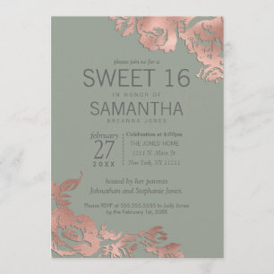 Invitation Chic Sage Green Rose Gold Floral Sweet 16