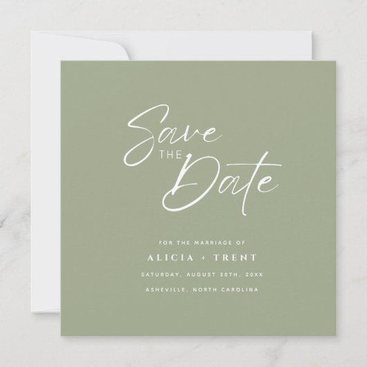 Invitation Chic Sage Green & White Calligraphy Save the Date (Devant)