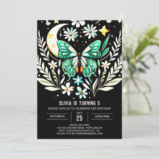 Invitation Chic Sage Papillon Vert Anniversaire (Debout devant)