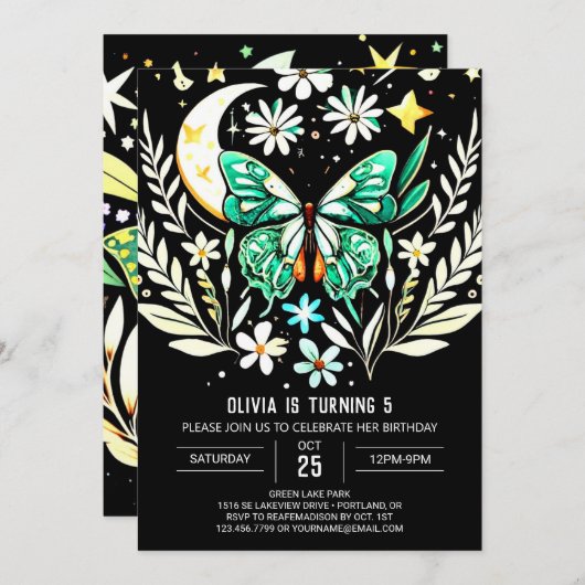 Invitation Chic Sage Papillon Vert Anniversaire (Devant / Derrière)