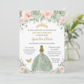 Invitation Chic Sage Vert Blush Floral Blonde Quinceañera (Debout devant)
