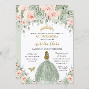 Invitation Chic Sage Vert Blush Floral Blonde Quinceañera